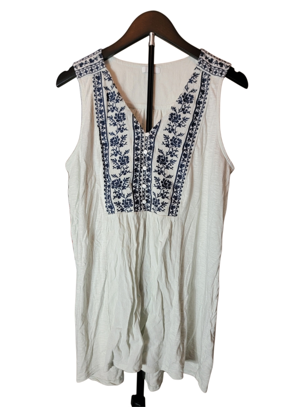 J. Jill White Sleeveless Tunic with Navy Embroidery - Size Large
